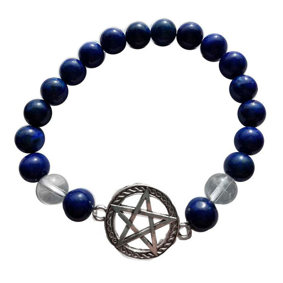Wholesale Lapis and Quartz Round Bead Bracelet with Pentagram